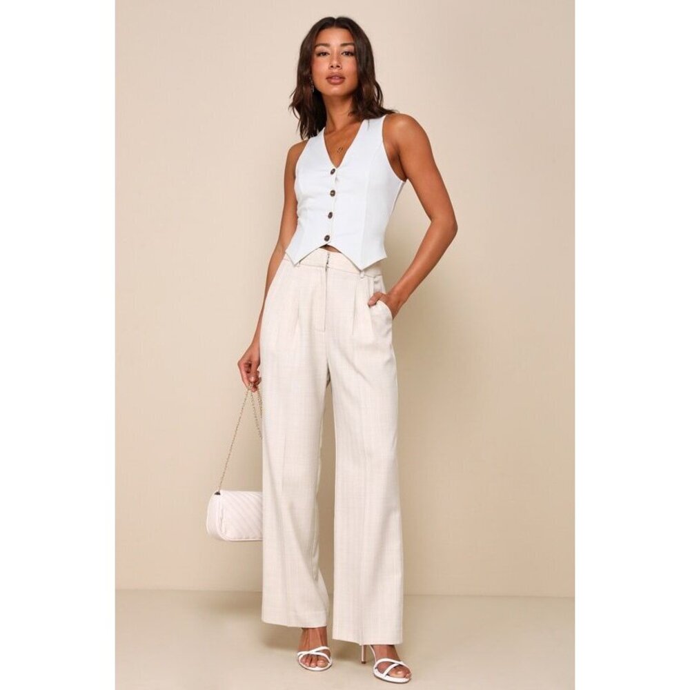Lulus Executive Vibe Beige Pinstripe High Rise Straight Leg Pants - Size S